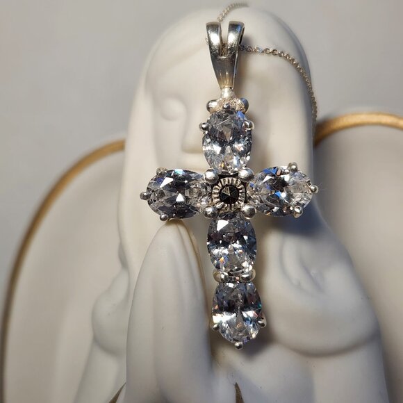 Vintage 80's 925 Cross White Zircon / CZ  with 925 Italy Chain 16.5" - Picture 1 of 11